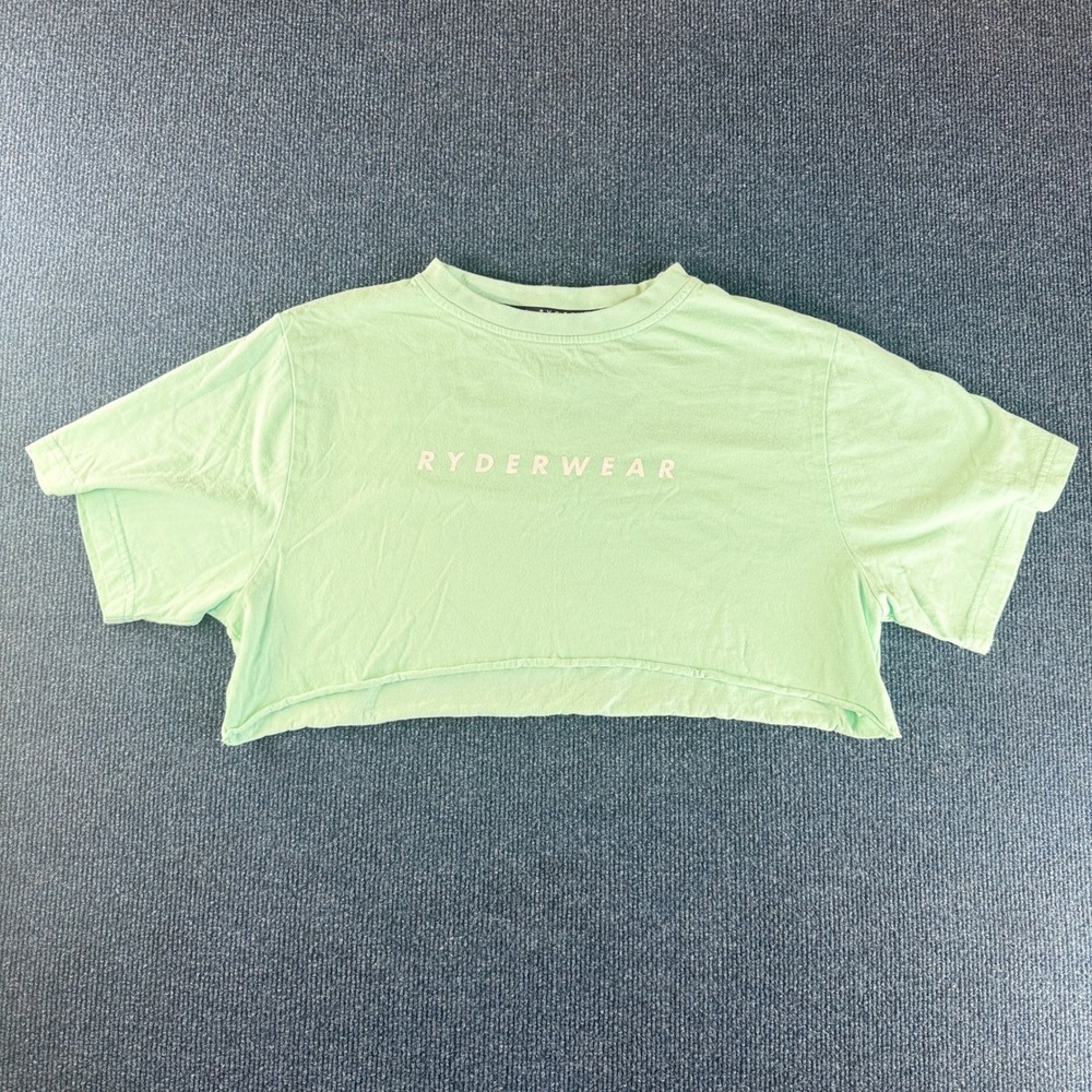 Ryderwear Womens Mint Green Cropped Logo T-Shirt Raw Hem Gym Top Size M‎